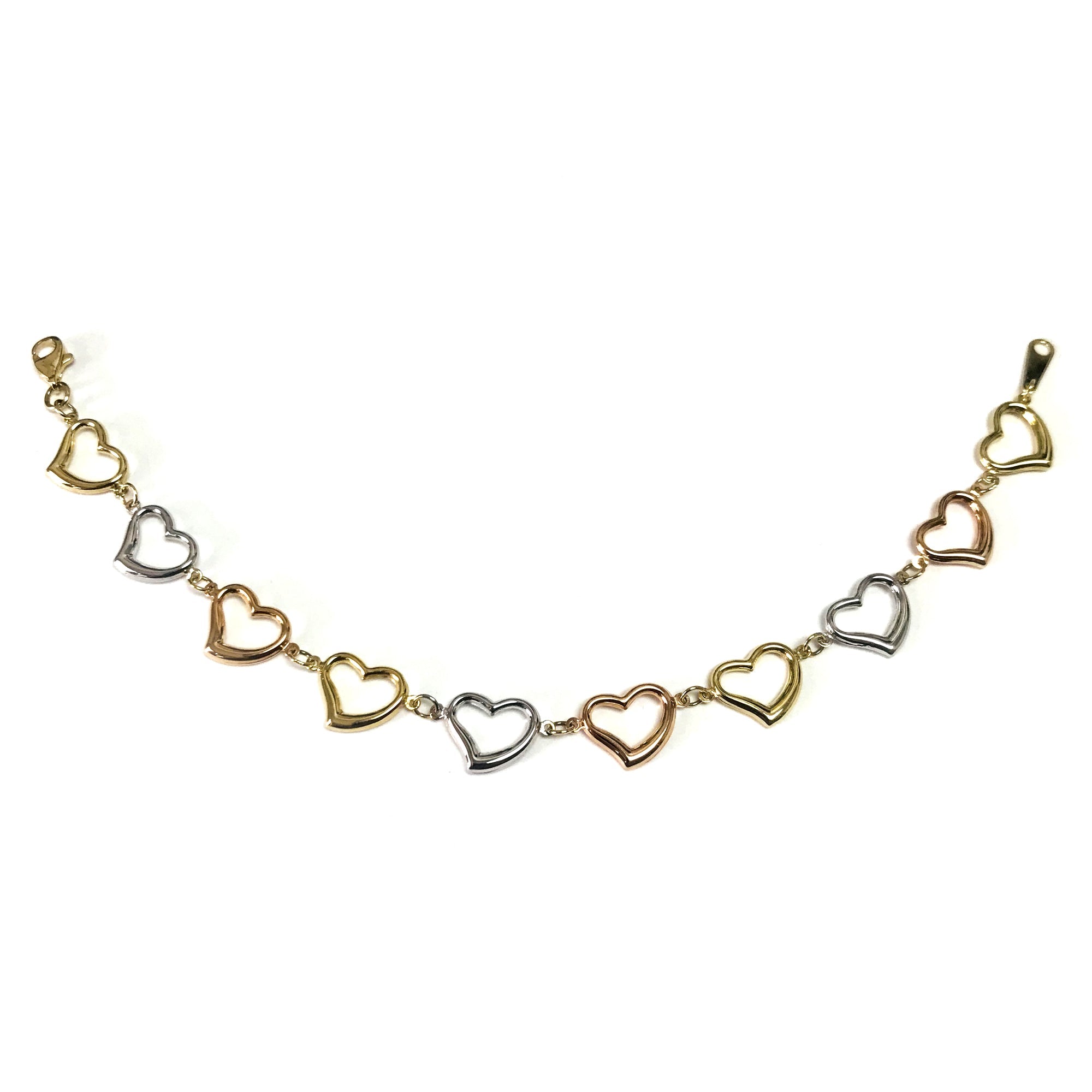 14k Yellow White And Rose Gold Heart Charms Bracelet, 7.5" - JewelryAffairs