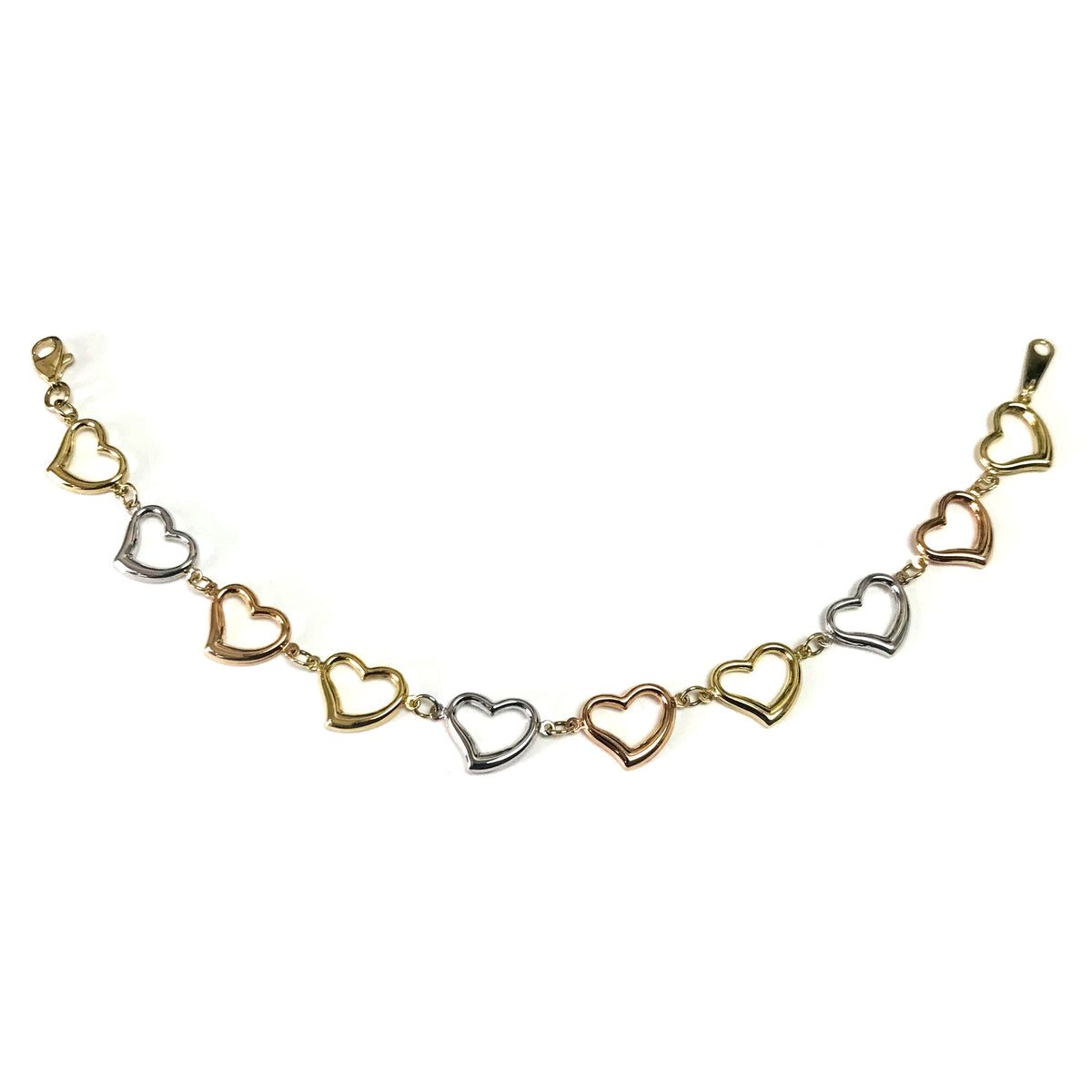 14k Yellow White And Rose Gold Heart Charms Bracelet, 7.5" - JewelryAffairs