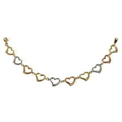 14k Yellow White And Rose Gold Heart Charms Bracelet, 7.5" - JewelryAffairs