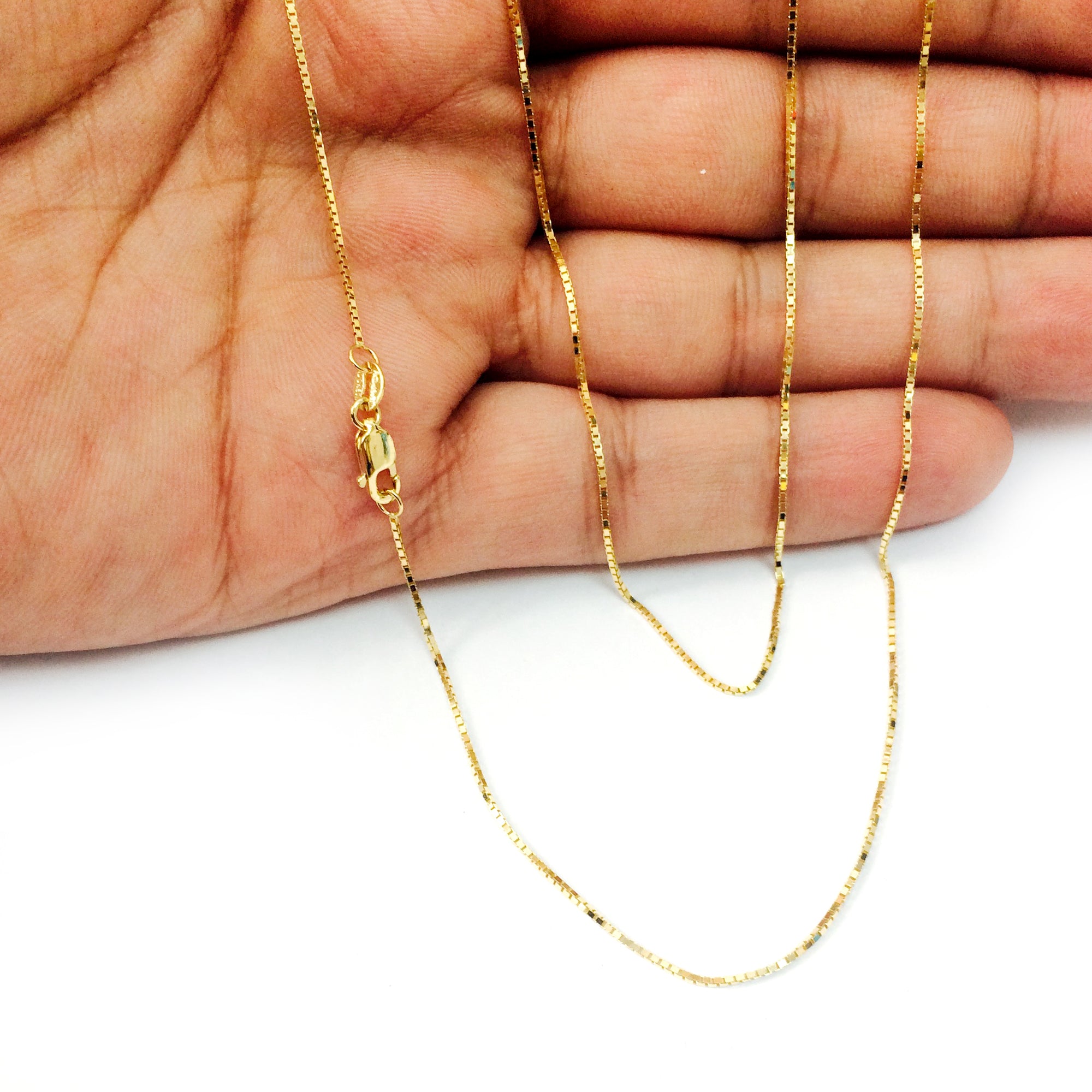 10k Yellow Solid Gold Mirror Box Chain Necklace, 0.8mm fine designer jewelry for men and women