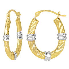 10k 2 Tone White And Yellow Gold Swirl Texture Oval Hoop Earrings, Diameter 20mm fine designer jewelry for men and women