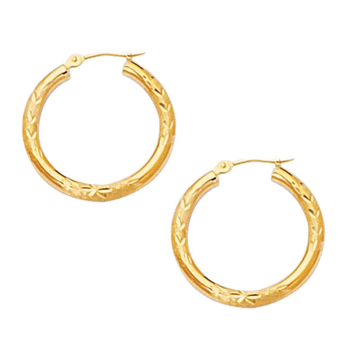 10k Yellow Gold Diamond Cut Design Round Shape Hoop Earrings, Diameter 20mm fine designer jewelry for men and women