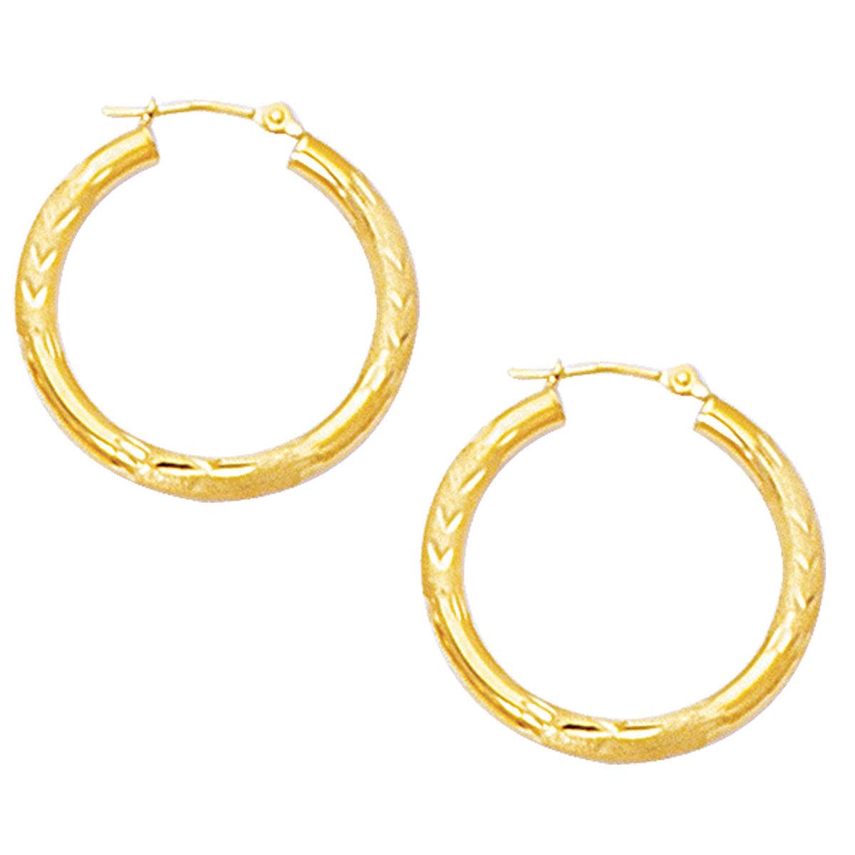10k Yellow Gold Diamond Cut Design Round Shape Hoop Earrings, Diameter 25mm fine designer jewelry for men and women
