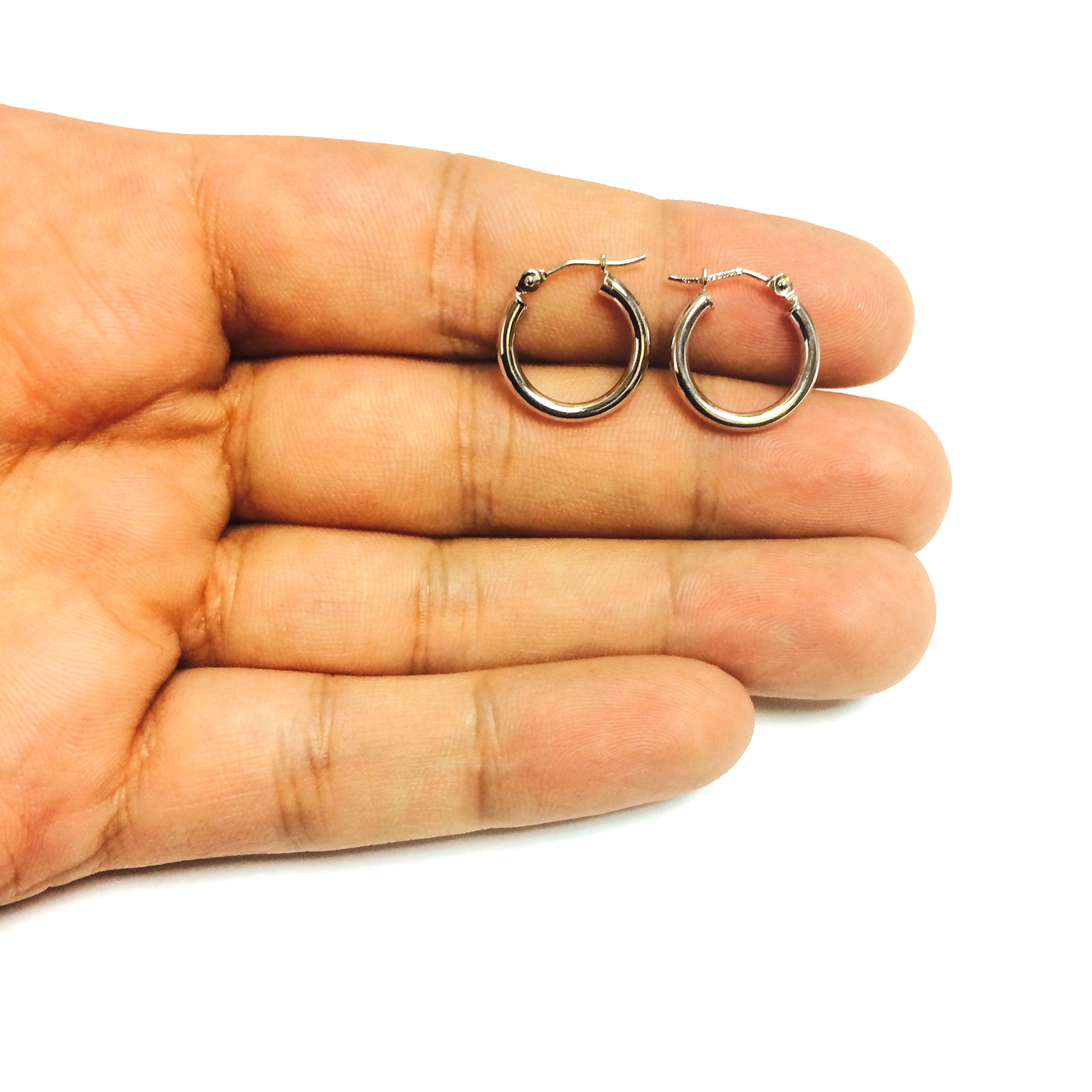 10k White Gold 2mm Shiny Round Tube Hoop Earrings fine designer jewelry for men and women