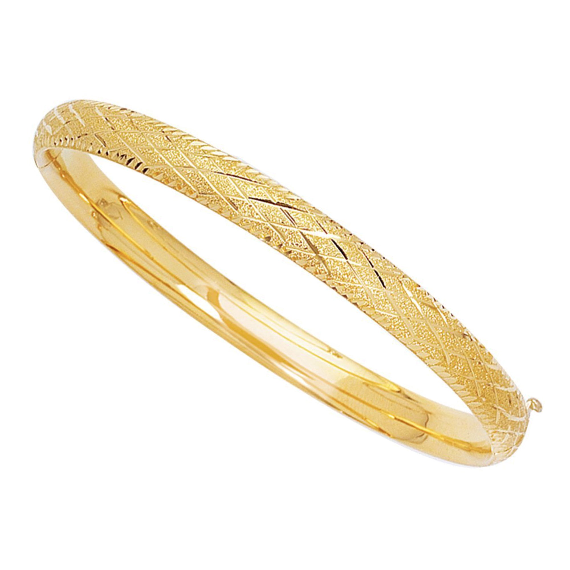 14k Yellow Gold Sparkle And Diamond Shape Pattern Bangle Bracelet, 7" fine designer jewelry for men and women