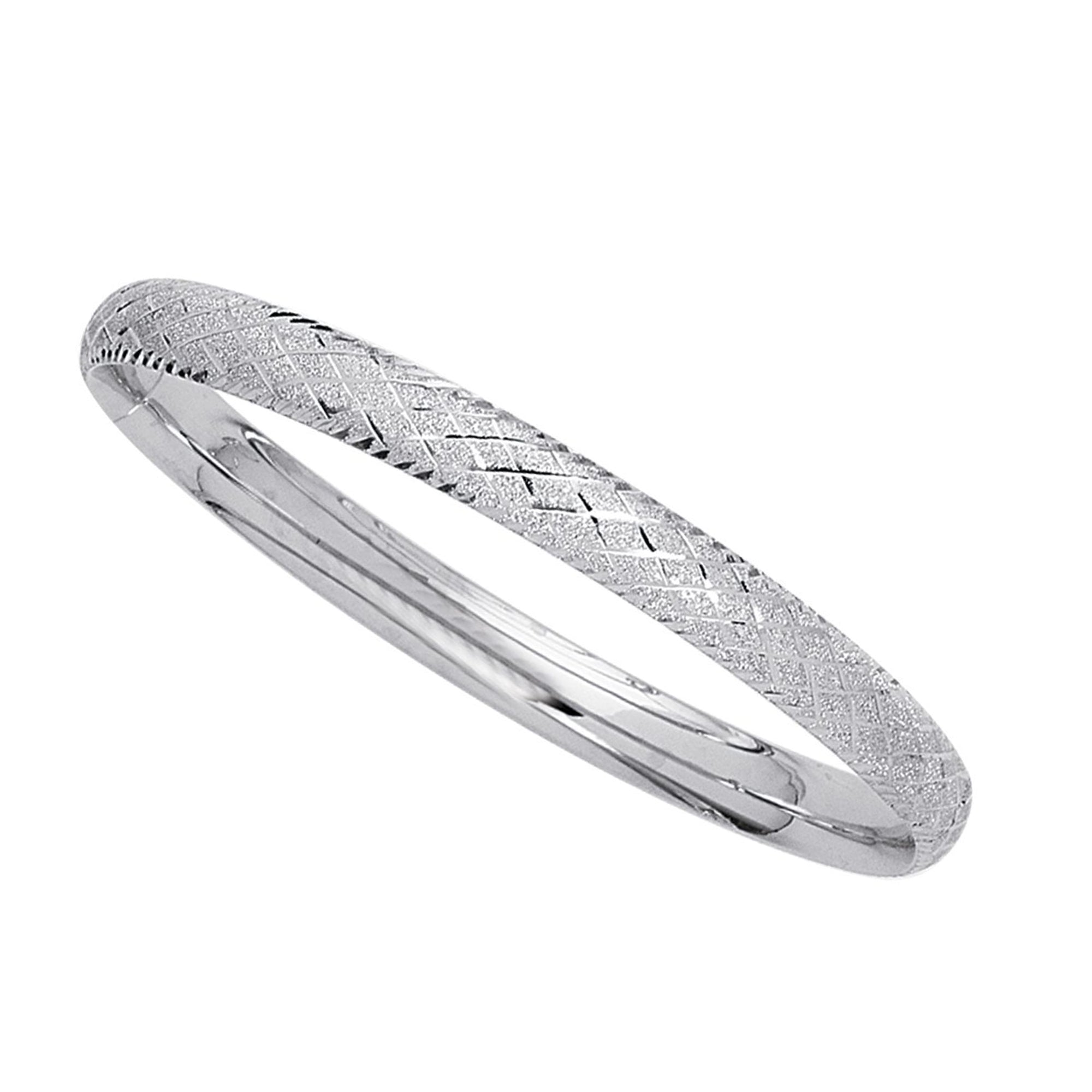 14k White Gold Sparkle And Diamond Shape Pattern Bangle Bracelet, 7" fine designer jewelry for men and women