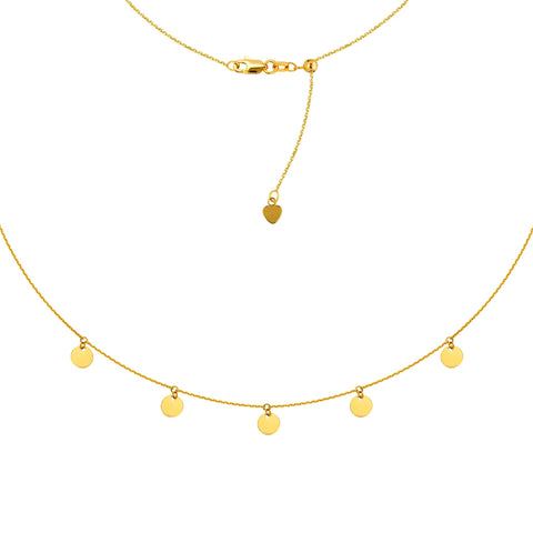 5 Dangle Mini Disc Choker 14k Gold Necklace, 16" Adjustable
