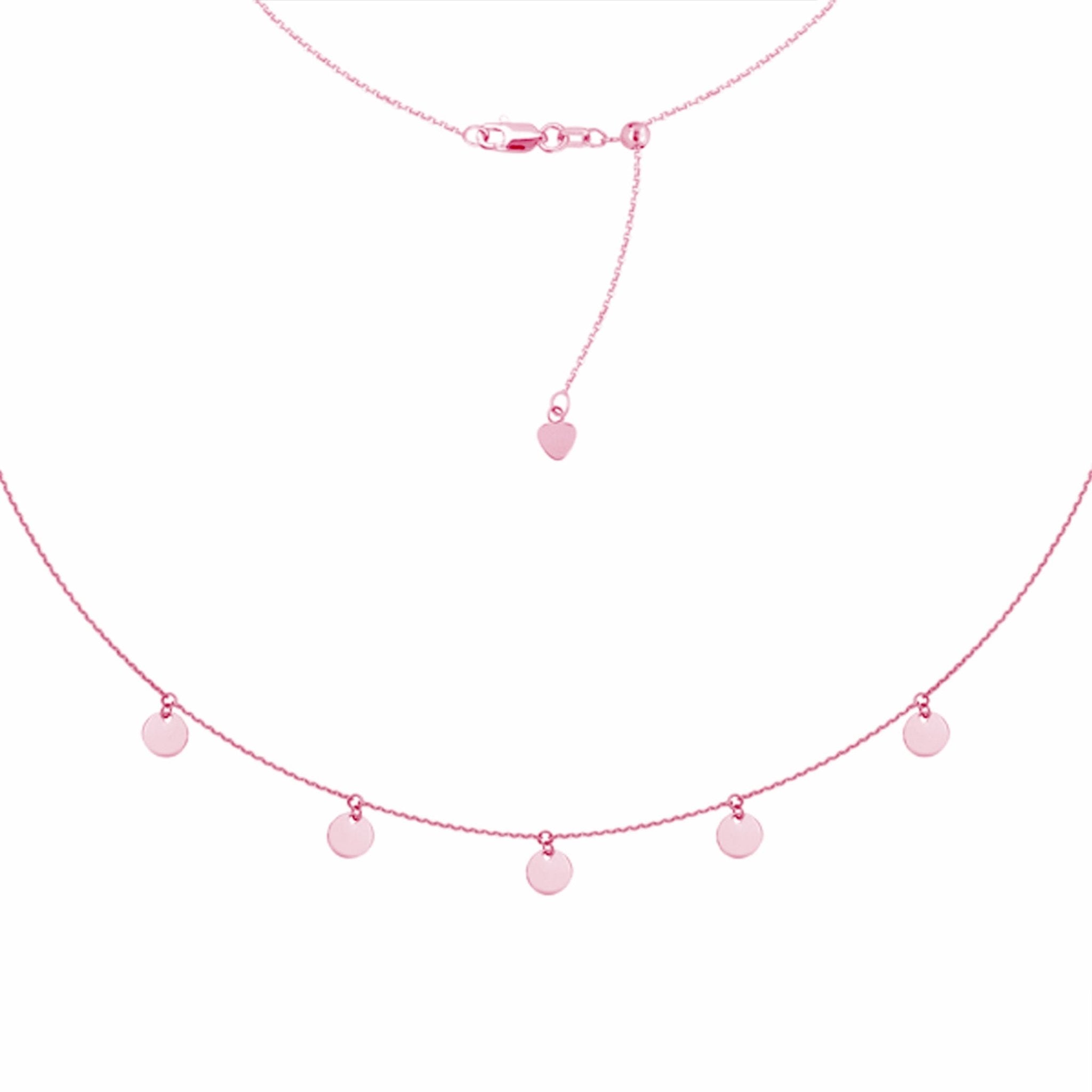 5 Dangle Mini Disc Choker 14k Gold Necklace, 16" Adjustable