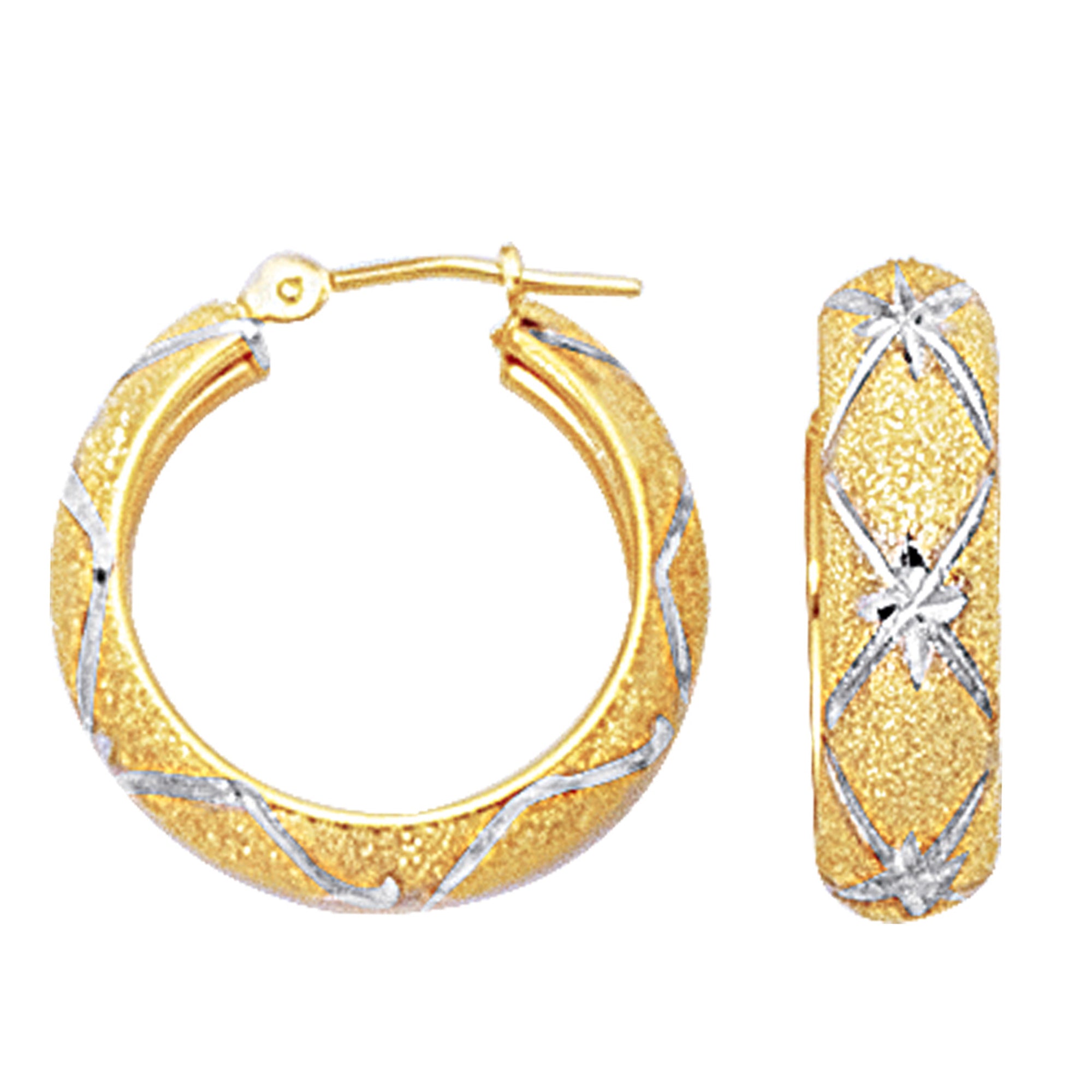 10k 2 Tone White And Yellow Gold Diamond Cut Textured Round Hoop Earrings, Diameter 22mm fine designer jewelry for men and women