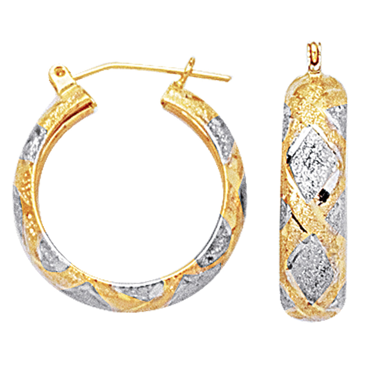 10k 2 Tone White And Yellow Gold Diamond Cut Textured Round Hoop Earrings, Diameter 22mm fine designer jewelry for men and women