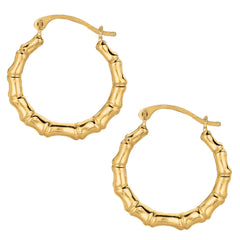 10k Yellow Gold Shiny Bamboo Round Hoop Earrings, Diameter 18mm fine designer jewelry for men and women