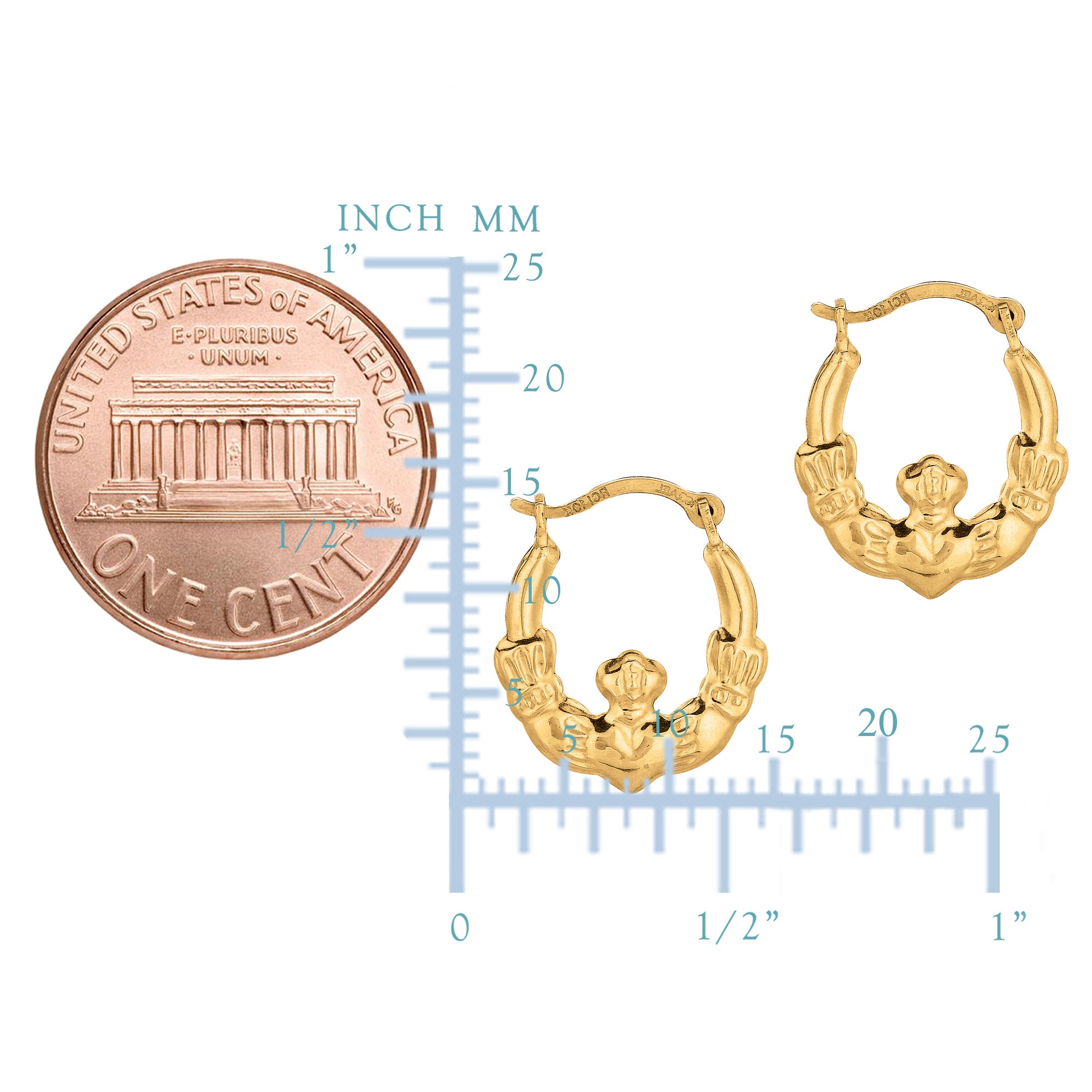 10k Yellow Gold Shiny Claddagh Design Hoop Earrings, Diameter 15mm fine designer jewelry for men and women