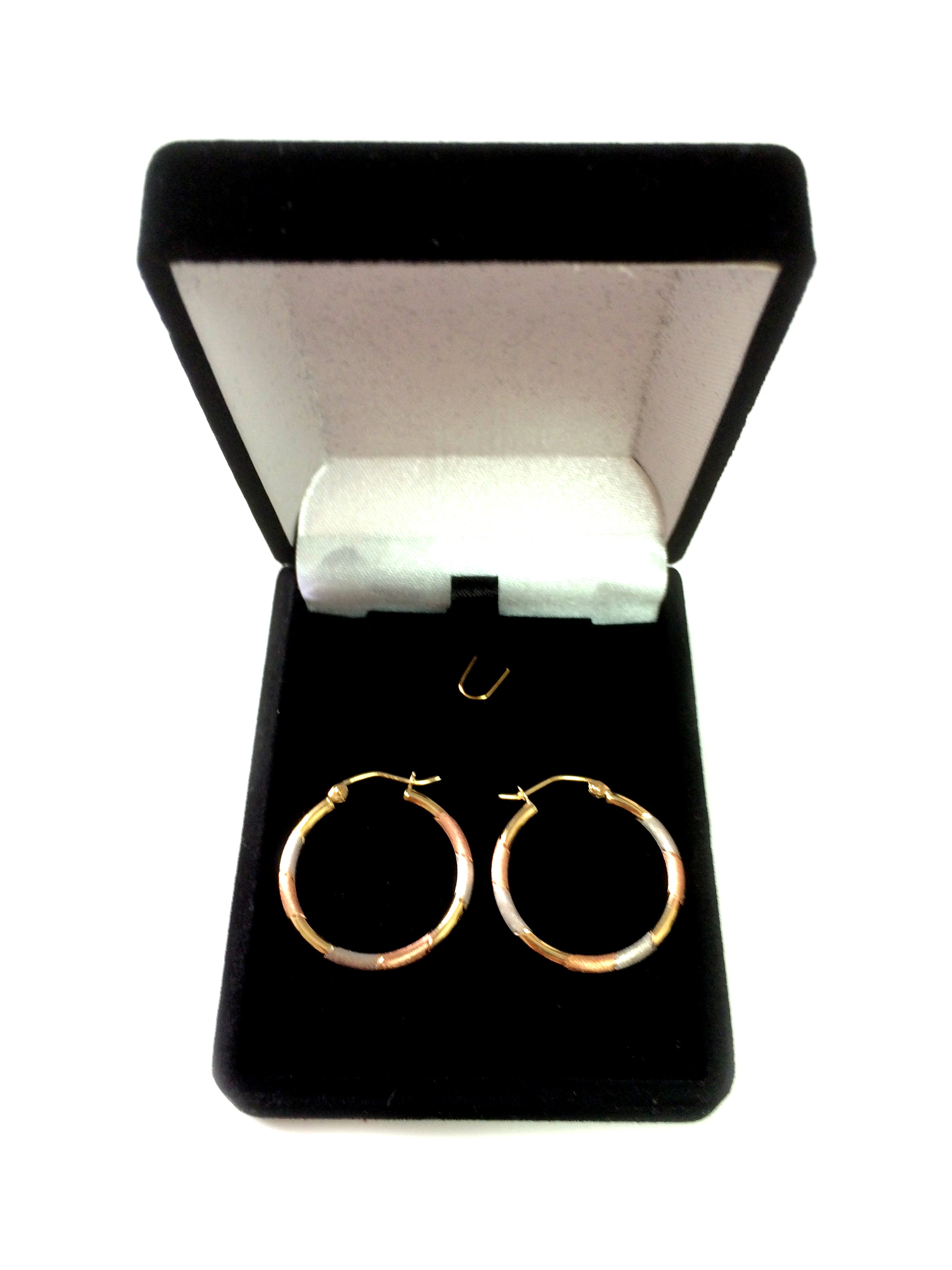 10k Tricolor White Yellow And Rose Gold Diamond Cut Round Hoop Earrings, Diameter 20mm fine designer jewelry for men and women