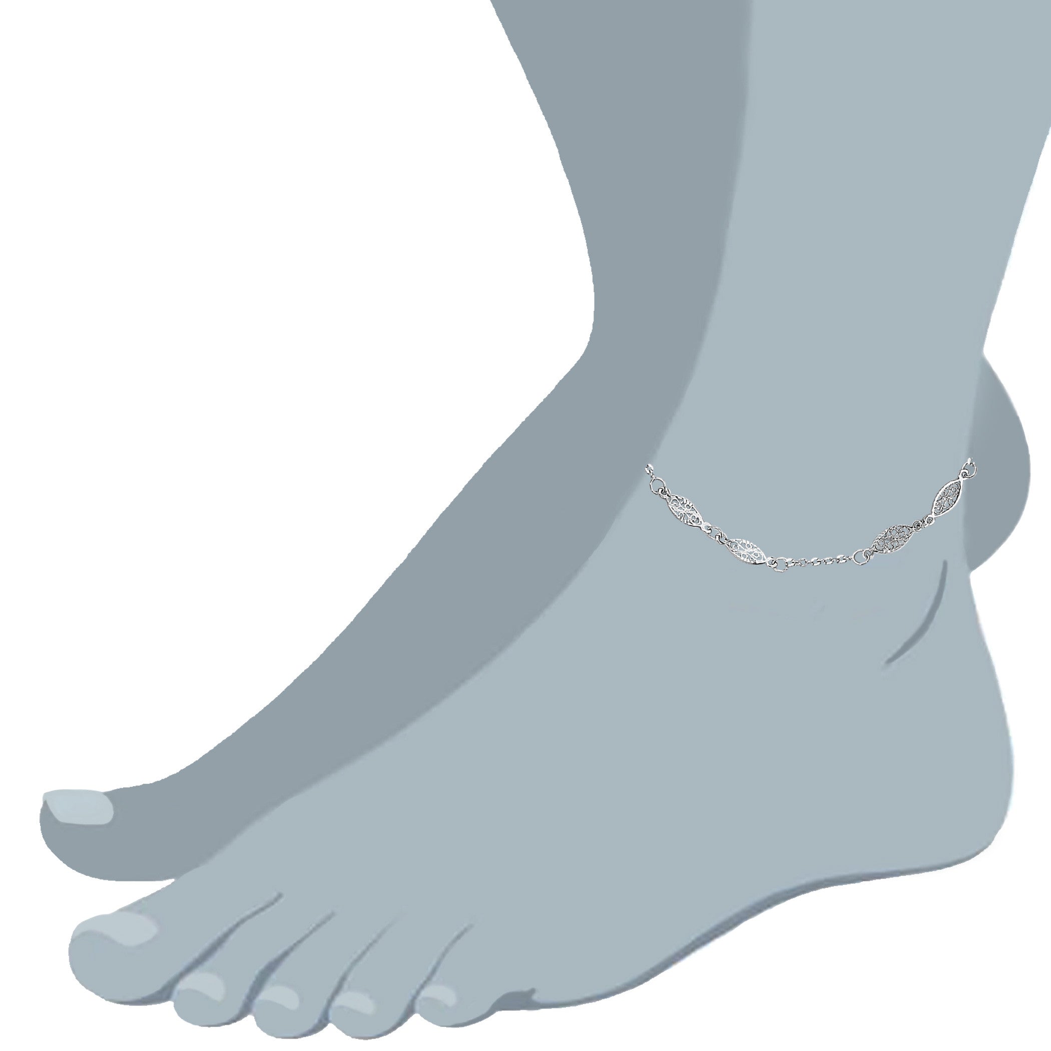 14K White Gold Fancy Ladies Anklet, 9" fine designer jewelry for men and women