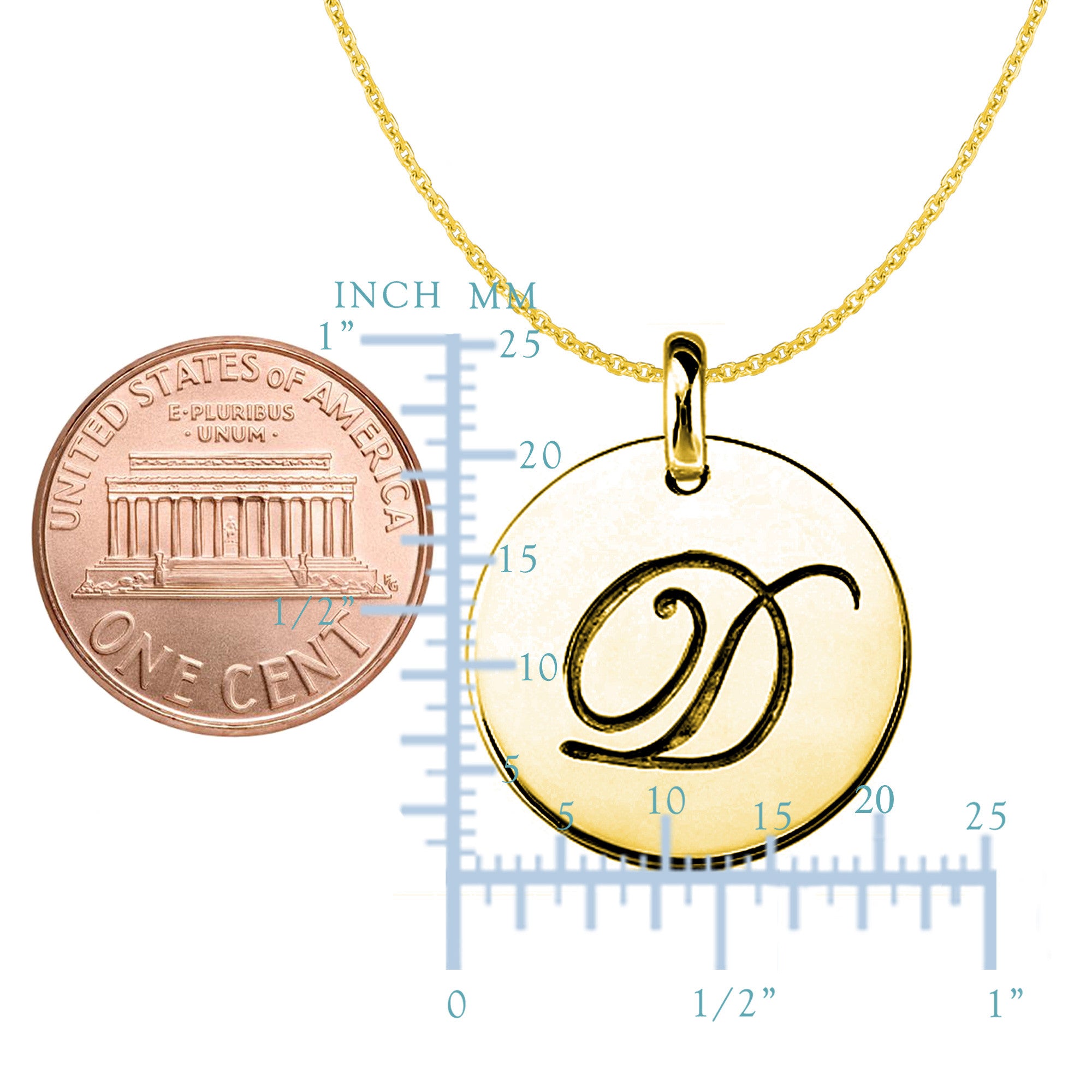"D" 14K Yellow Gold Script Engraved Initial Disk Pendant - JewelryAffairs
 - 2