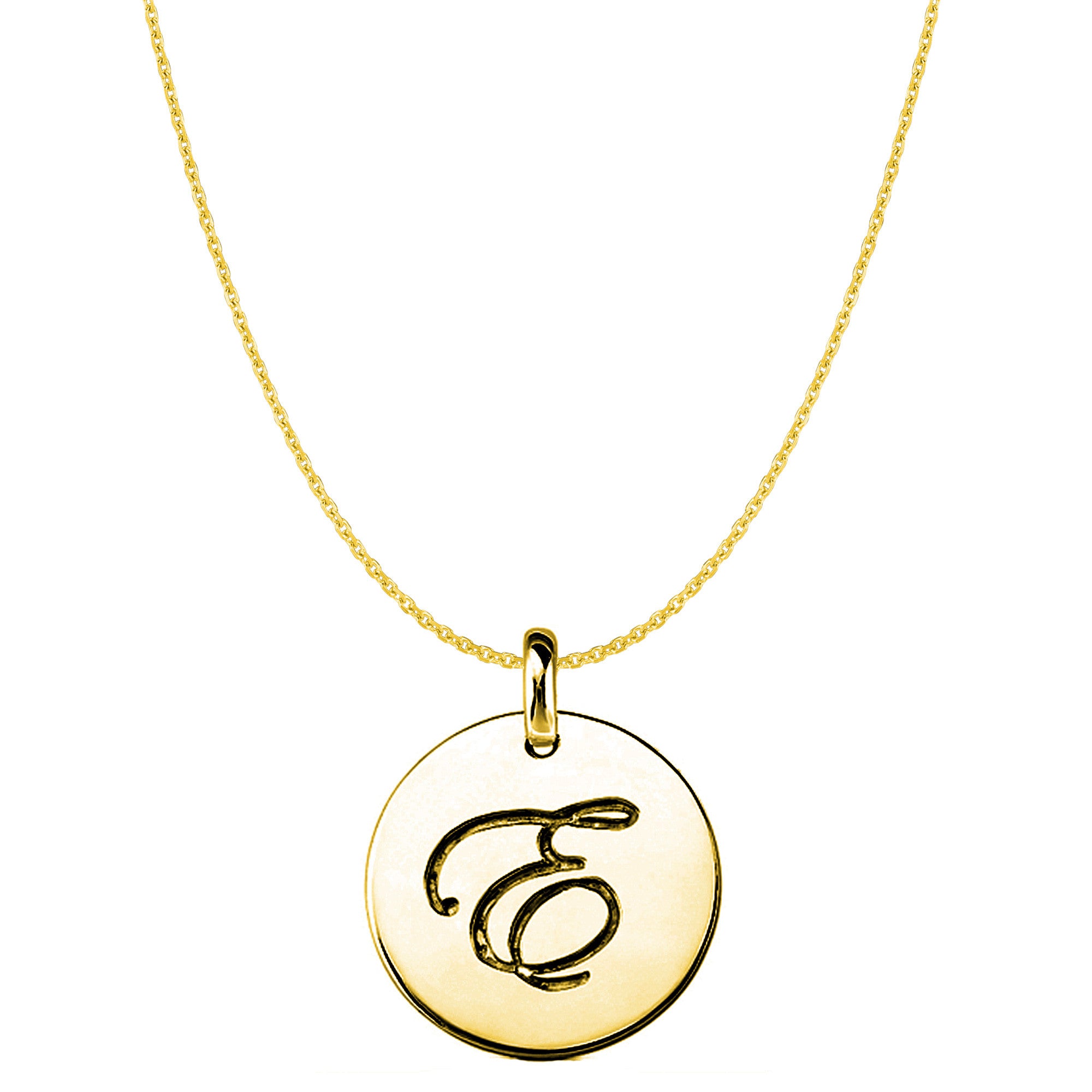 "E" 14K Yellow Gold Script Engraved Initial Disk Pendant fine designer jewelry for men and women