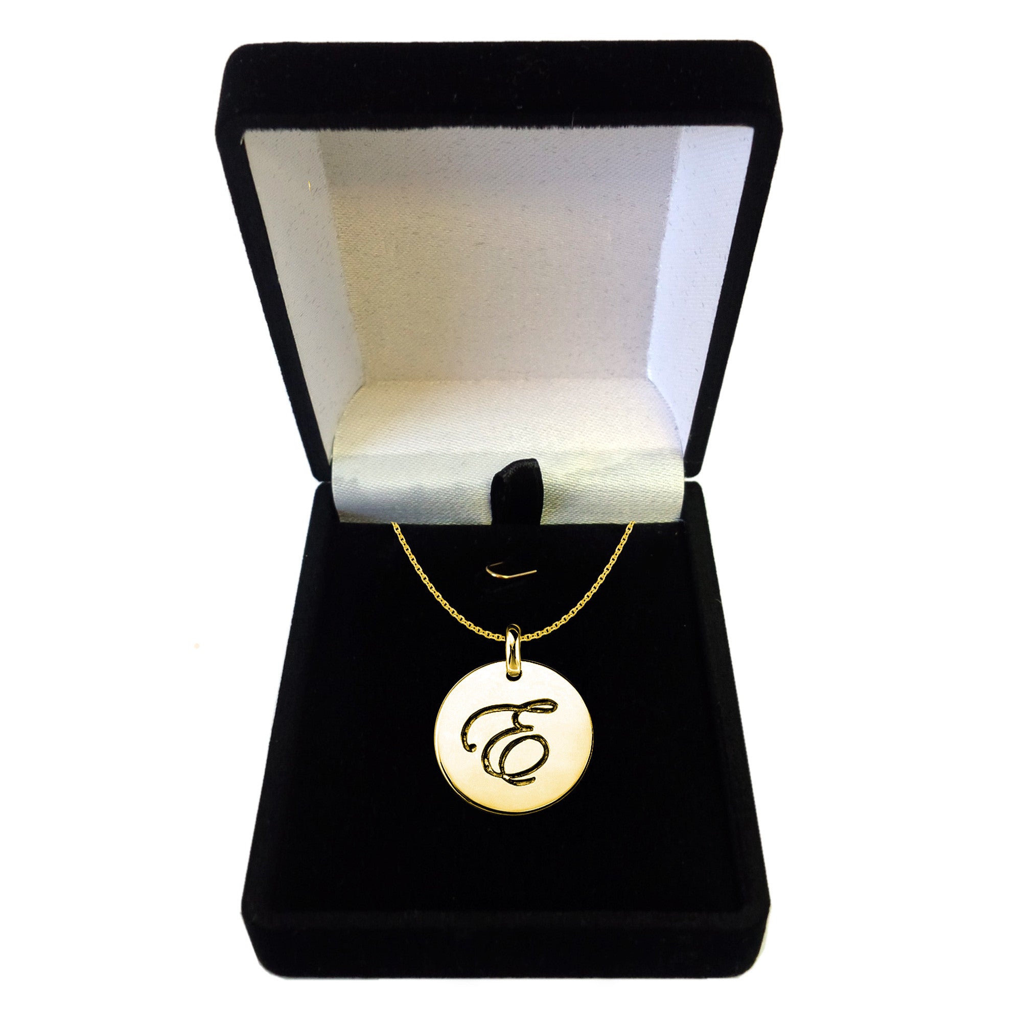 "E" 14K Yellow Gold Script Engraved Initial Disk Pendant fine designer jewelry for men and women