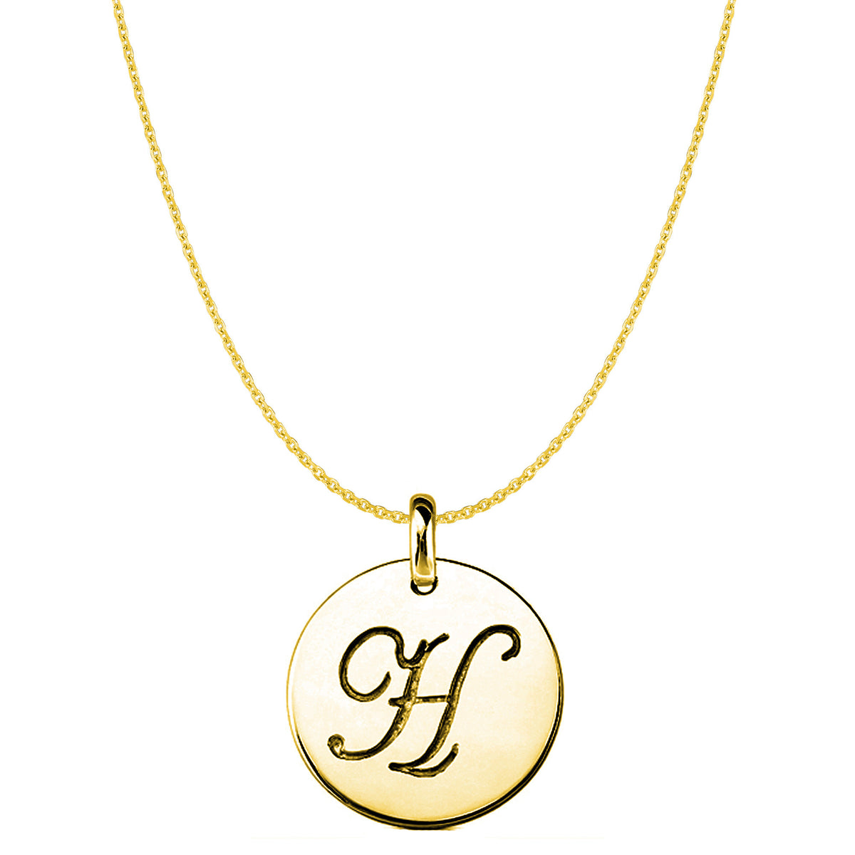 "H" 14K Yellow Gold Script Engraved Initial Disk Pendant fine designer jewelry for men and women