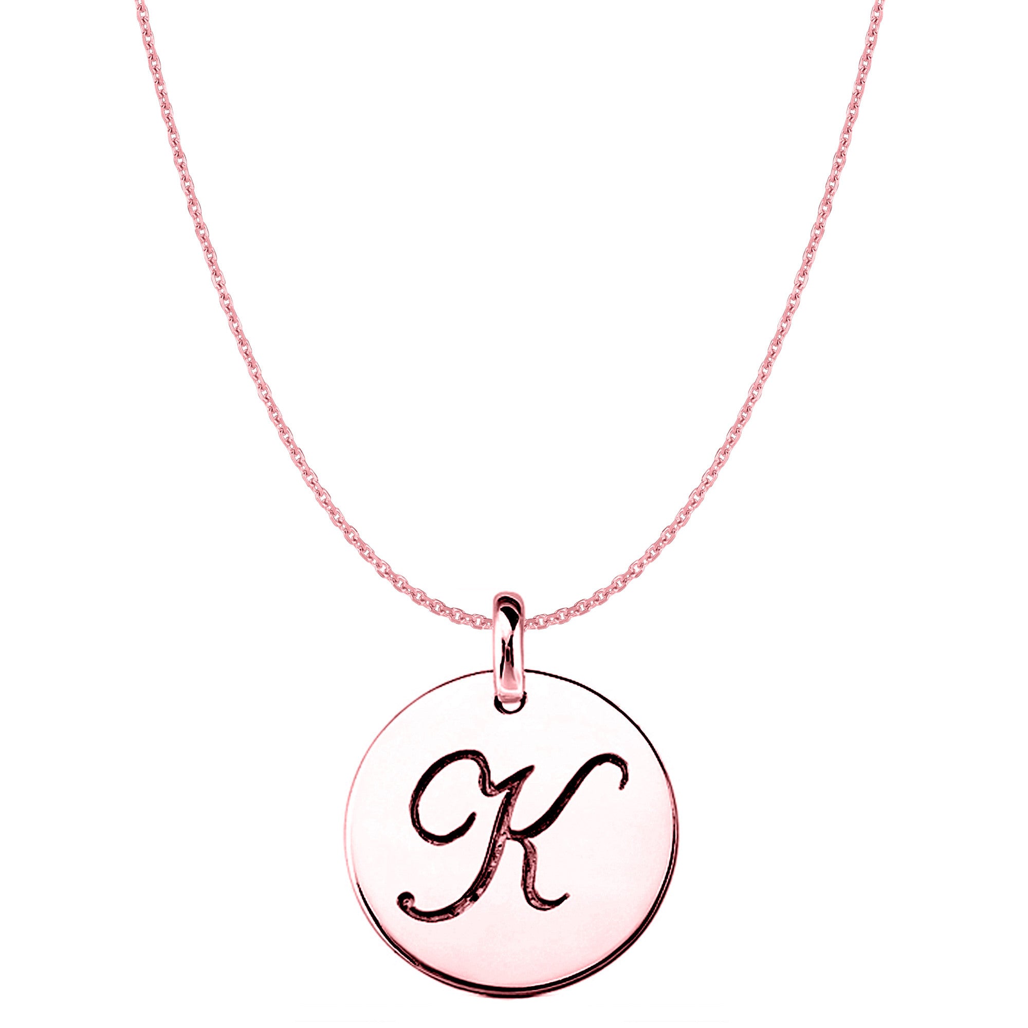 "K" 14K Rose Gold Script Engraved Initial Disk Pendant fine designer jewelry for men and women