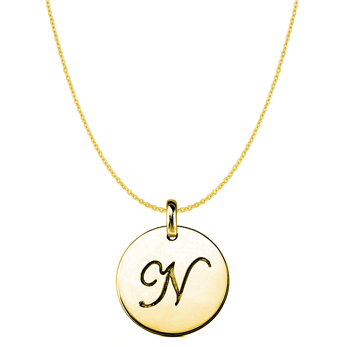 "N" 14K Yellow Gold Script Engraved Initial Disk Pendant fine designer jewelry for men and women