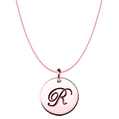 "R" 14K Rose Gold Script Engraved Initial Disk Pendant fine designer jewelry for men and women