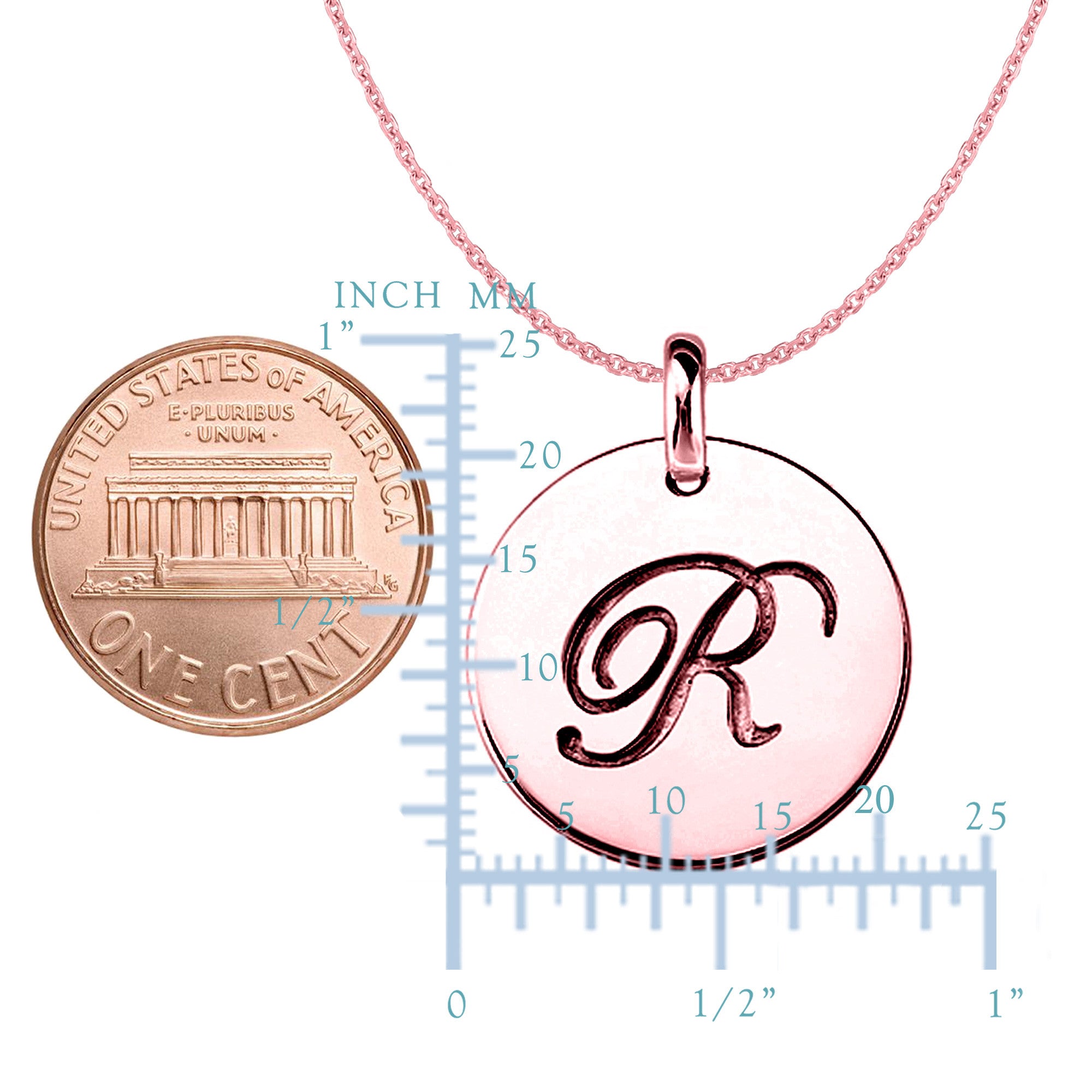 "R" 14K Rose Gold Script Engraved Initial Disk Pendant fine designer jewelry for men and women