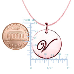 "V" 14K Rose Gold Script Engraved Initial Disk Pendant fine designer jewelry for men and women