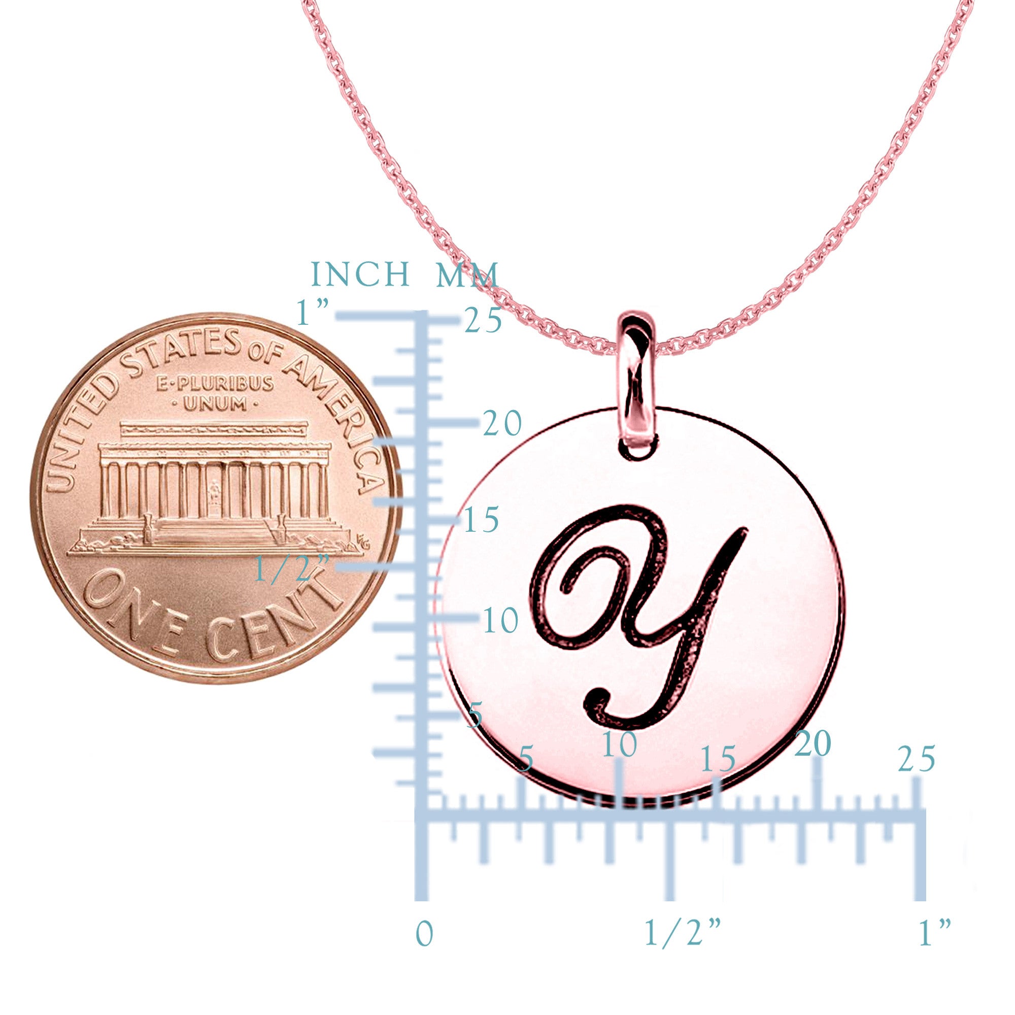 "Y" 14K Rose Gold Script Engraved Initial Disk Pendant fine designer jewelry for men and women