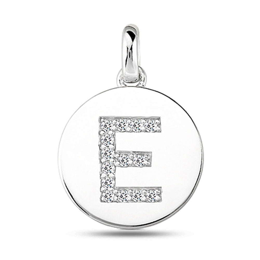 "E" Diamond Initial 14K White Gold Disk Pendant (0.14ct) fine designer jewelry for men and women