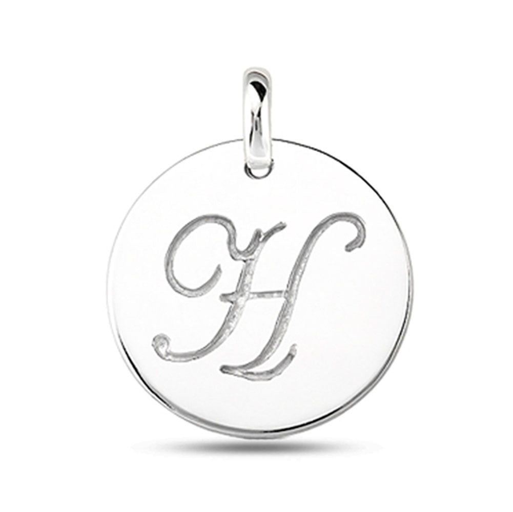 "H" 14K White Gold Script Engraved Initial Disk Pendant fine designer jewelry for men and women