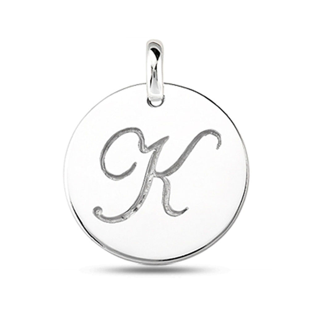 "K" 14K White Gold Script Engraved Initial Disk Pendant fine designer jewelry for men and women