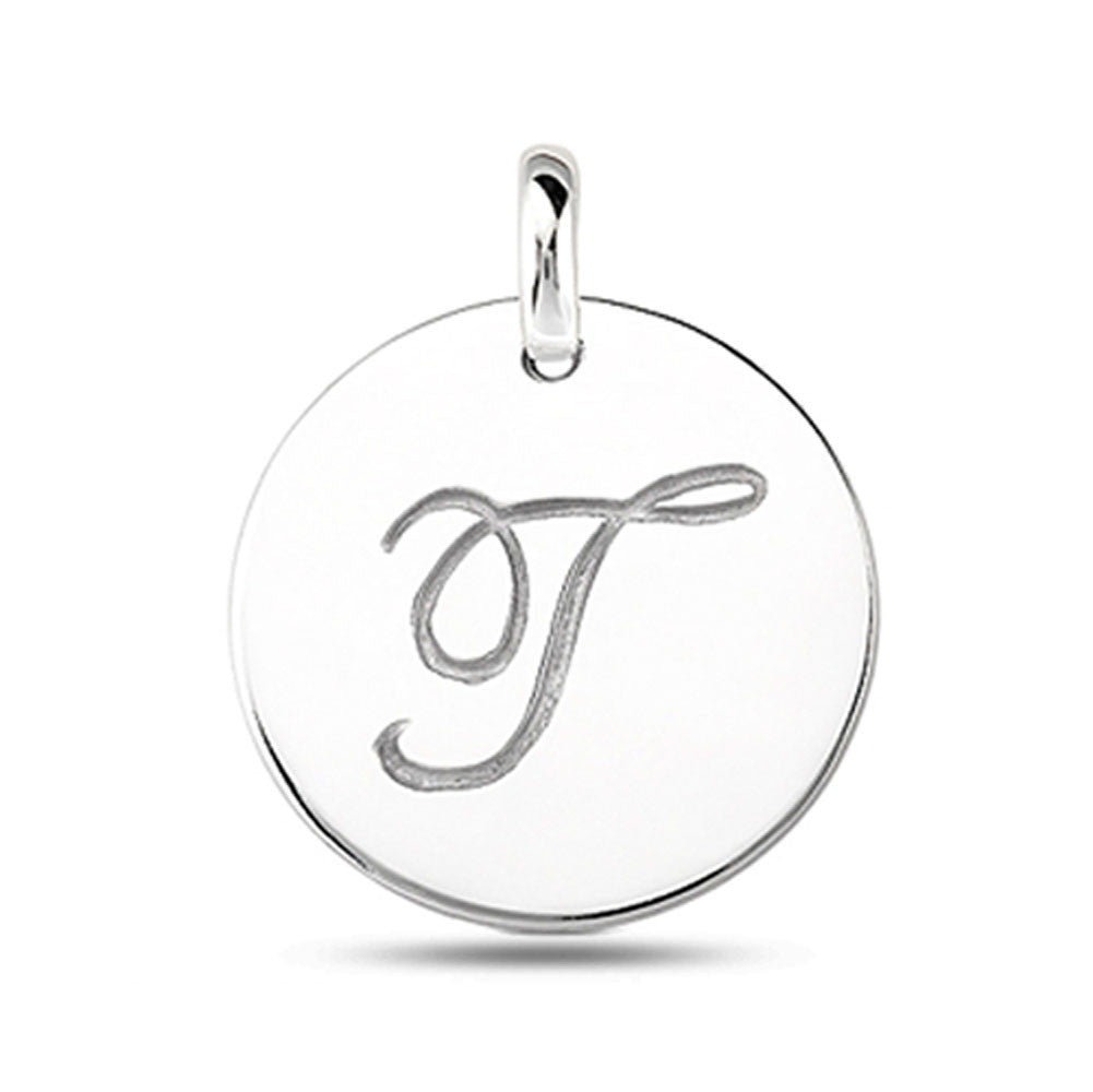"T" 14K White Gold Script Engraved Initial Disk Pendant fine designer jewelry for men and women