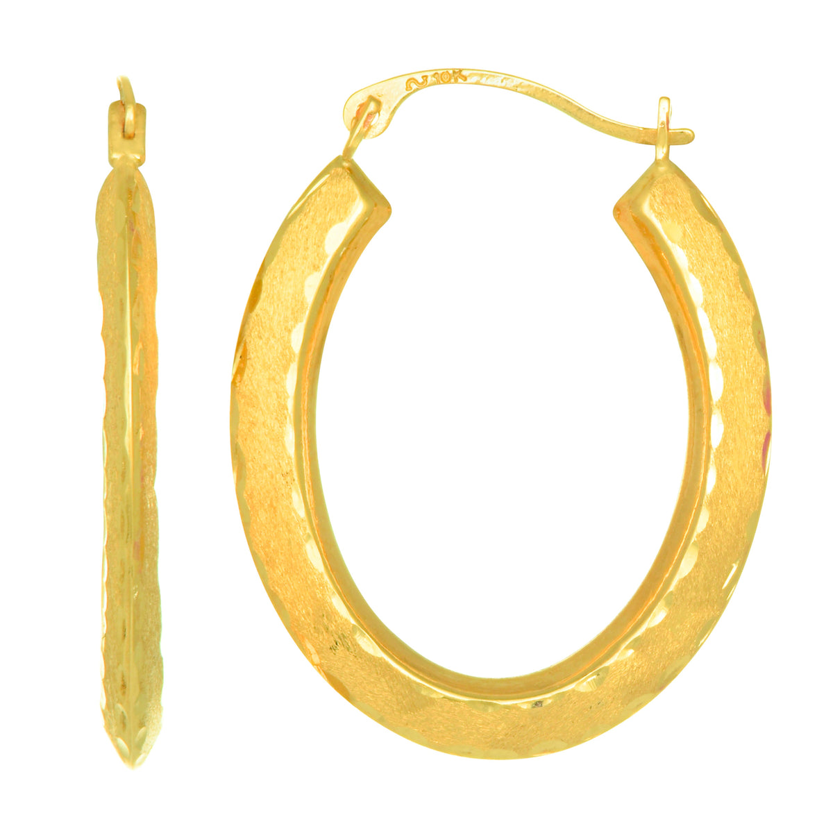 10k Yellow Gold Diamond Cut Satin Finish Oval Hoop Earrings, Diameter 23mm fine designer jewelry for men and women