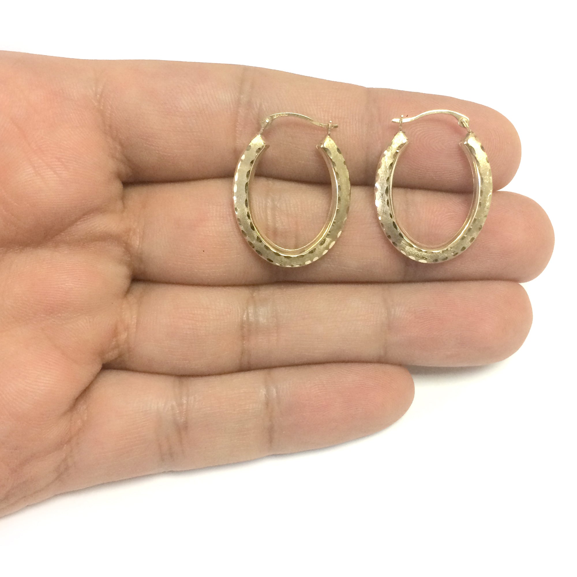 10k Yellow Gold Diamond Cut Satin Finish Oval Hoop Earrings, Diameter 23mm fine designer jewelry for men and women
