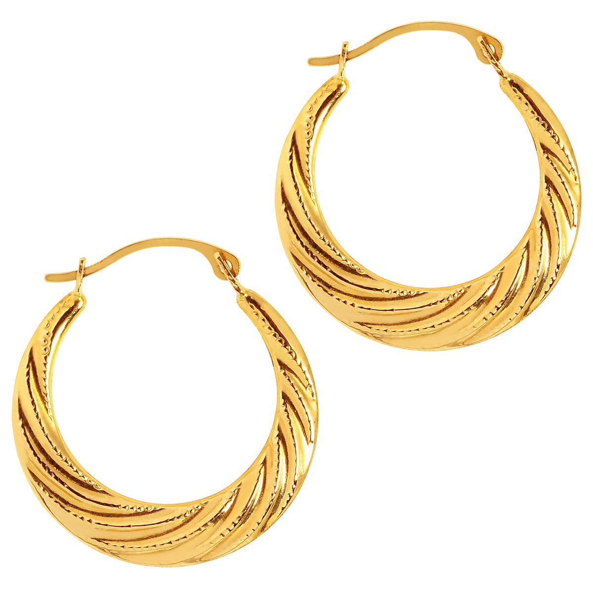 10k Yellow Gold Swirl Textured Graduated Round Hoop Earrings, Diameter 20mm fine designer jewelry for men and women