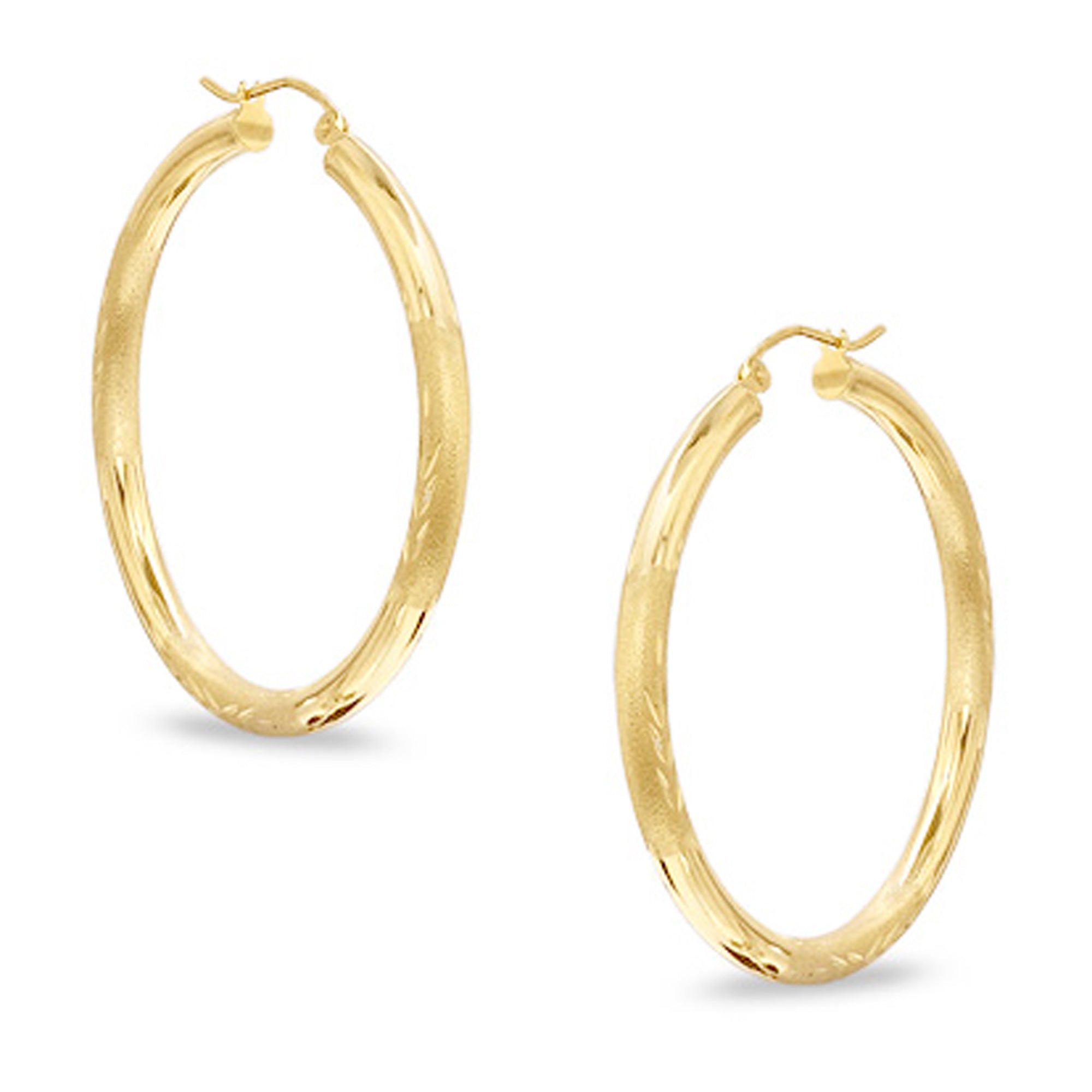 10k Yellow Gold Diamond Cut Design Round Shape Hoop Earrings, Diameter 15mm fine designer jewelry for men and women