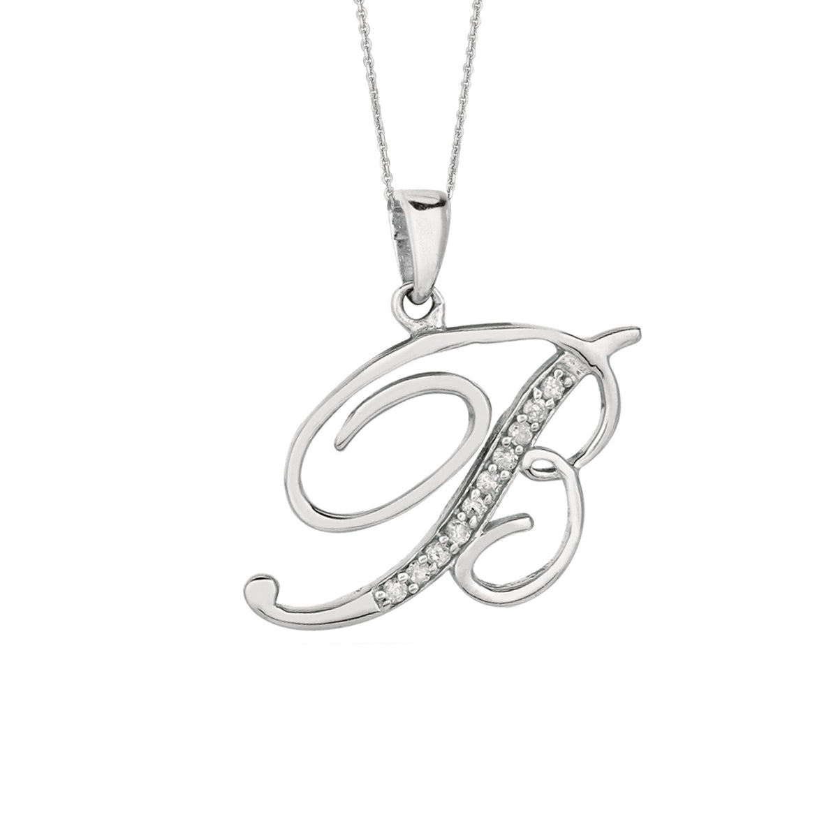 "B" Sterling Silver Rhodium Plated Script Initial Letter With Diamonds On 18 Inch Chain ( 0.05 Tcw) - JewelryAffairs