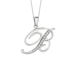 "B" Sterling Silver Rhodium Plated Script Initial Letter With Diamonds On 18 Inch Chain ( 0.05 Tcw) - JewelryAffairs