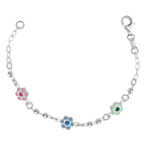 Baby Bracelet With Enameled Flower Charms In Sterling Silver - 6 Inches