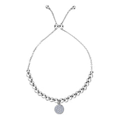Sterling Silver Beads And CZ Charm Adjustable Bolo Friendship Bracelet , 9.25" fine designer jewelry for men and women