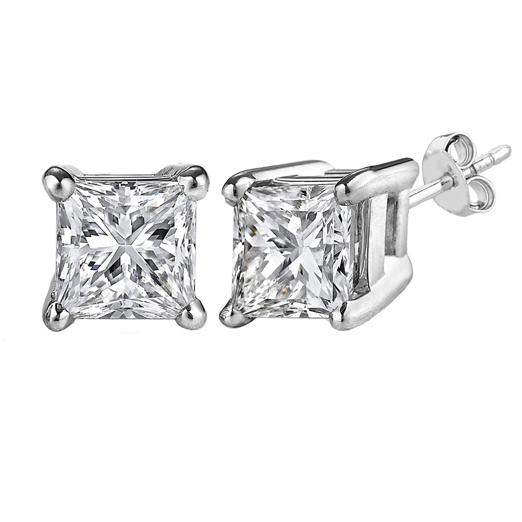 Sterling Silver Rhodium Finish Princess Cut Cubic Zirconia Stud Earring fine designer jewelry for men and women