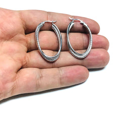 Sterling Silver Rhodium Plated Twisted Tube Oval Hoop Earrings, Diameter 35mm fine designer jewelry for men and women