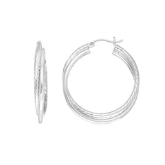 Sterling Silver Rhodium Plated Twisted Tube Round Hoop Earrings, Diameter 30mm fine designer jewelry for men and women