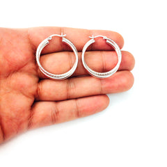 Sterling Silver Rhodium Plated Twisted Tube Round Hoop Earrings, Diameter 30mm fine designer jewelry for men and women