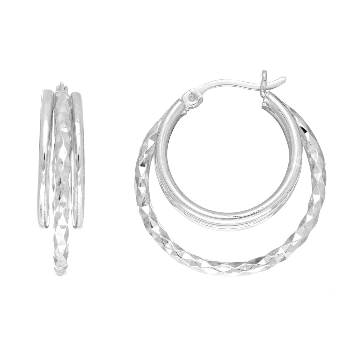 Sterling Silver Rhodium Plated Double Open Circle Round Hoop Earrings, Diameter 25mm fine designer jewelry for men and women
