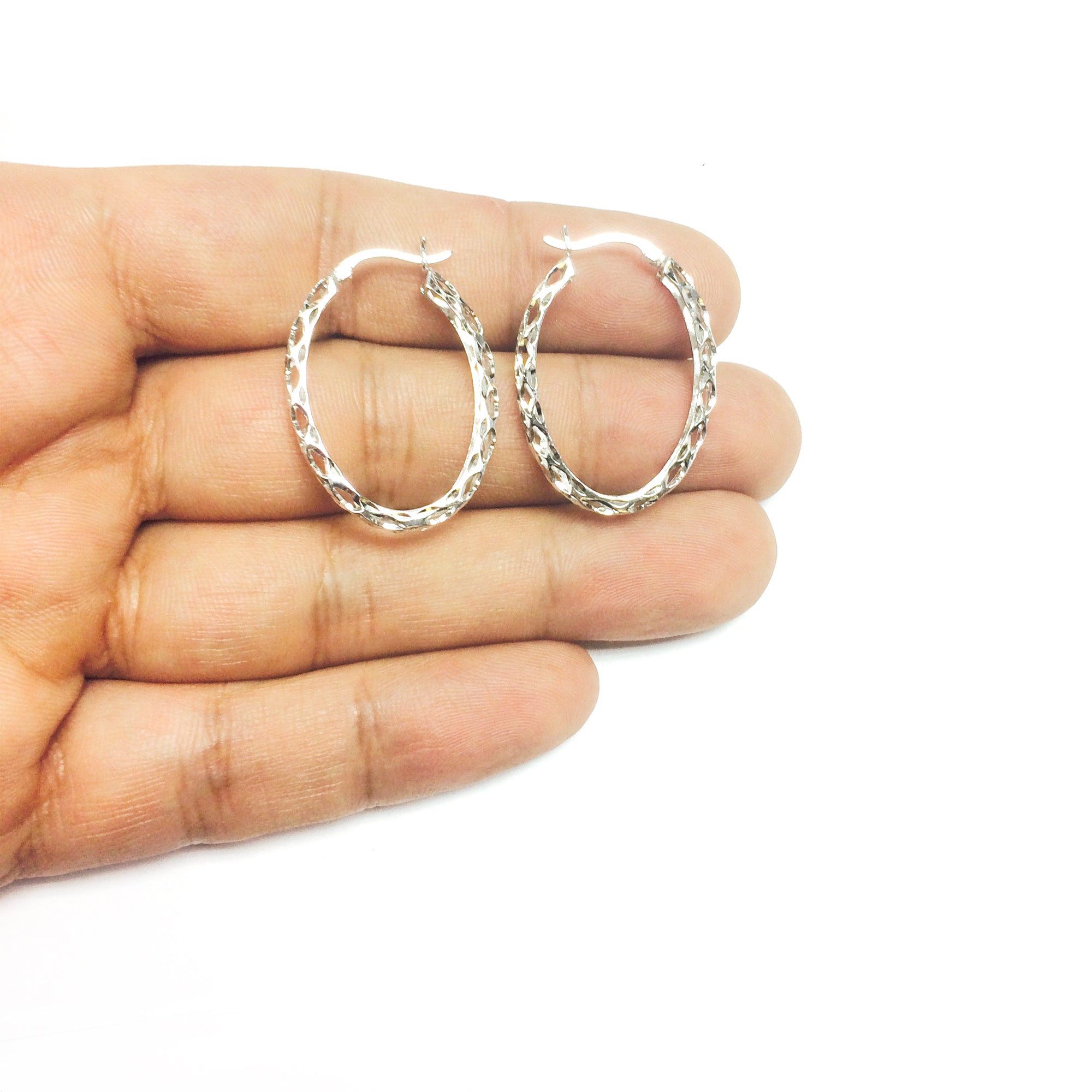 Sterling Silver Diamond Cut Weaved Oval Hoop Earrings, Diameter 30mm fine designer jewelry for men and women