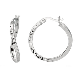 Sterling Silver Rhodium Finish Shiny Diamond Cut Finish Wavy Round Hoop Earrings fine designer jewelry for men and women