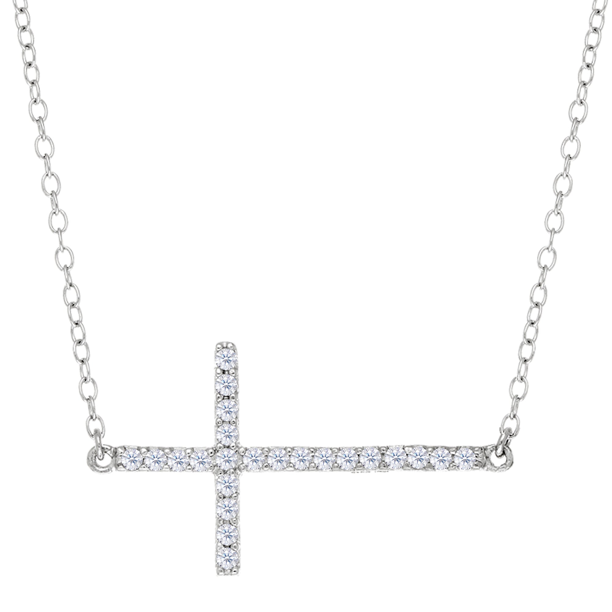 Sideways Cross And CZ Necklace In Sterling Silver, 18" fine designer jewelry for men and women