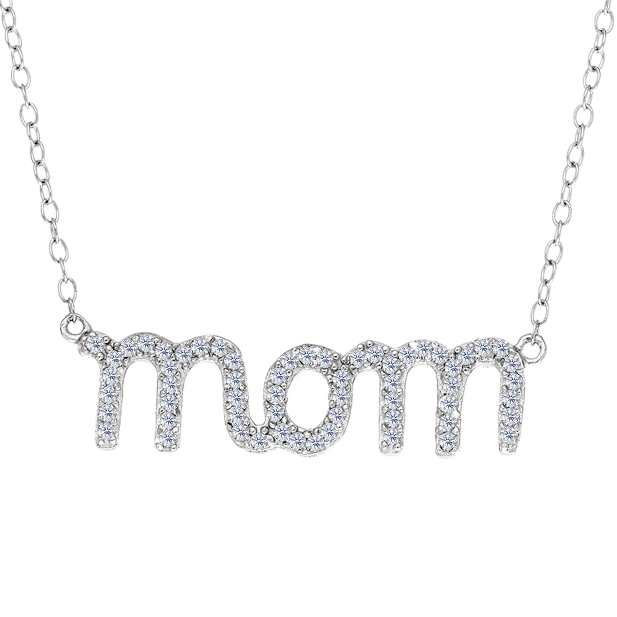 Mom Logo And CZ Necklace In Sterling Silver, 18" fine designer jewelry for men and women