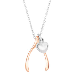 Sterling Silver Rose Finish Wishbone Puffy Heart Necklace, 18" fine designer jewelry for men and women